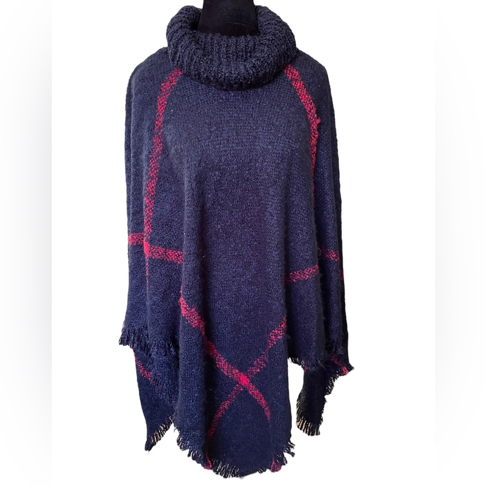 Lava Accessories One Size Asymmetric Raw Hem Turtle Neck Knit Plaid Poncho